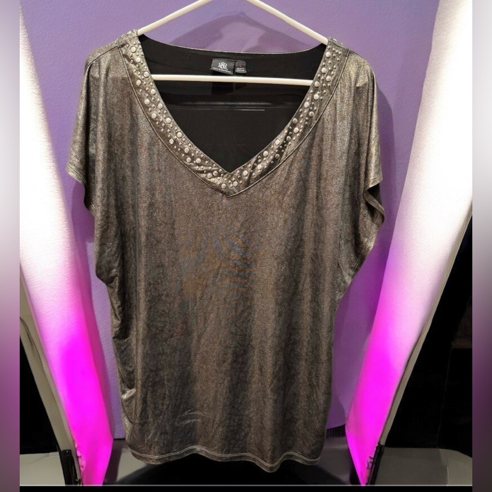 Rock & Republic Metallic Studded V-Neck Blouse LARGE